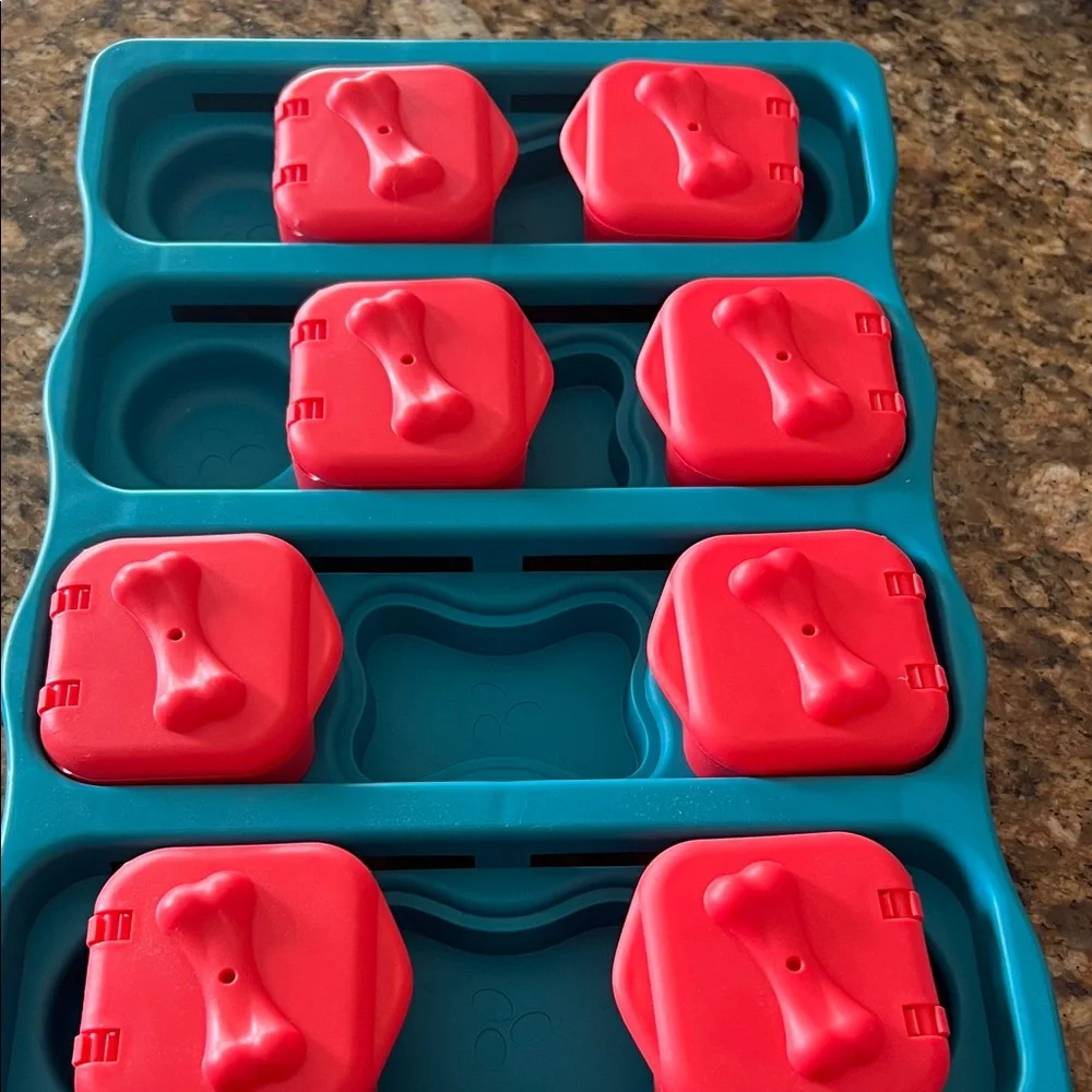 Teal and Red Dog Feeder with Storage Compartments